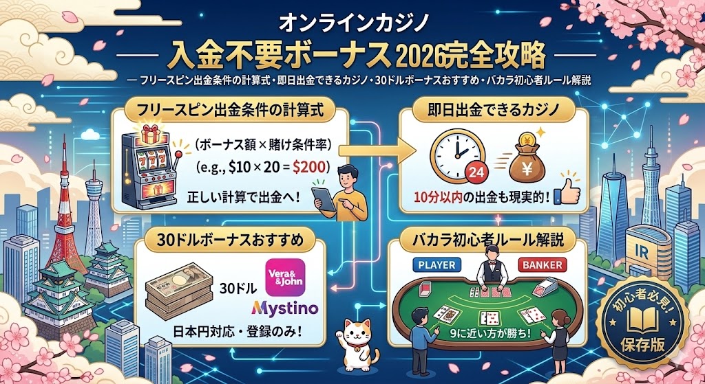 オンラインカジノ 入金不要ボーナス 2026 完全攻略 — フリースピン出金条件の計算式・即日出金できるカジノ・30ドルボーナスおすすめ・バカラ初心者ルール解説