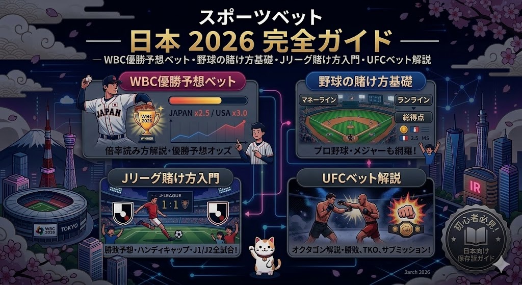 スポーツベット 日本 2026 完全ガイド — WBC優勝予想ベット・野球の賭け方基礎・Jリーグ賭け方入門・UFCベット解説