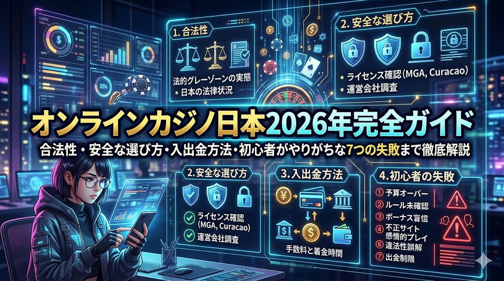オンラインカジノ入金不要ボーナス2026年完全まとめ：ベラジョンカジノの受け取り方・出金条件の正しい計算方法・カジ旅とミスティーノの無料スピン比較まで全部解説