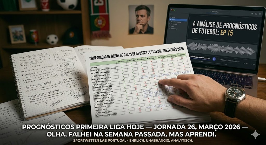 Prognósticos Primeira Liga Hoje — Jornada 26, Março 2026 — Olha, falhei na semana passada. Mas aprendi.